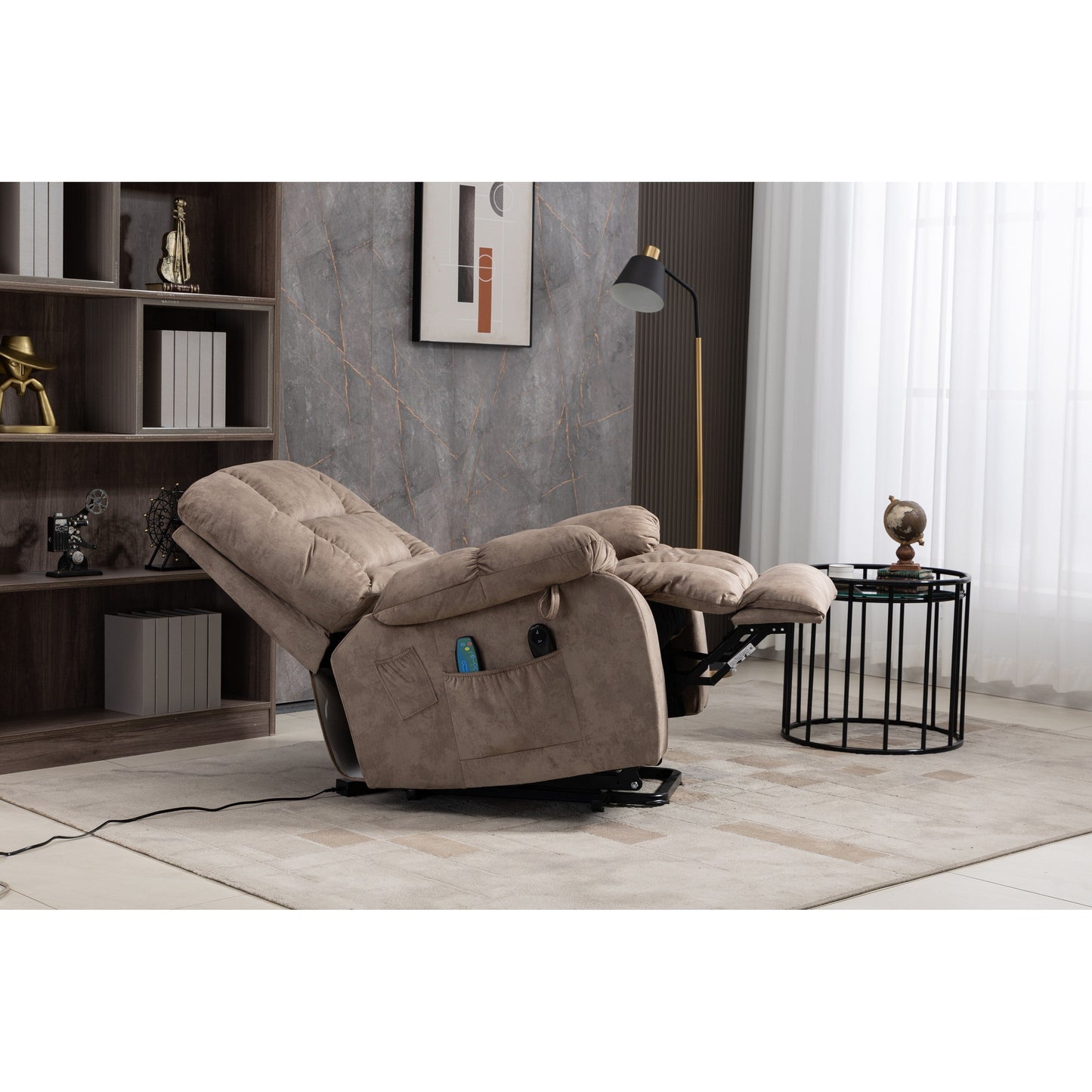Oversized Chenille Upholstered Power Lift Recliner with 8 Point Massage & Lumbar Heating, Side Pockets