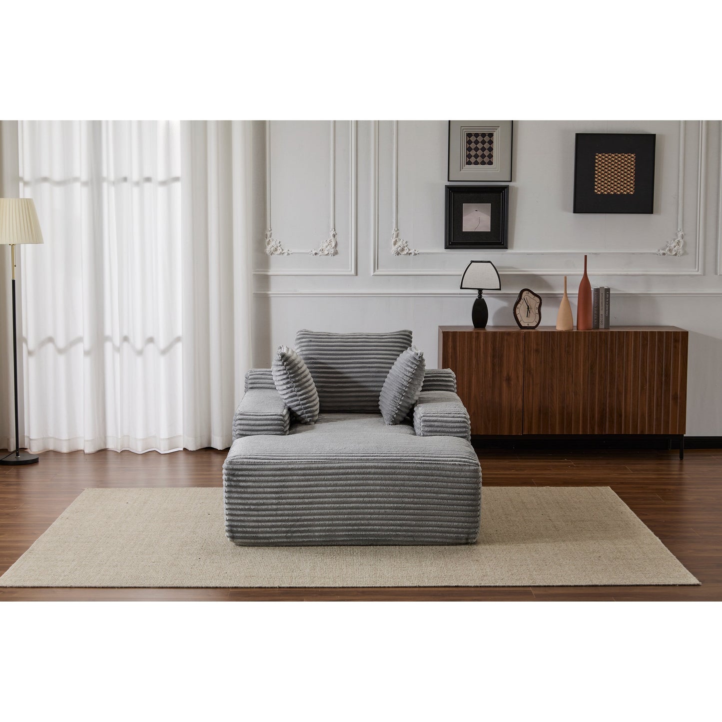 Oversized Corduroy Chaise Lounge Sleeper Sofa with 3 Pillows Wide Armrest No Assembly Grey