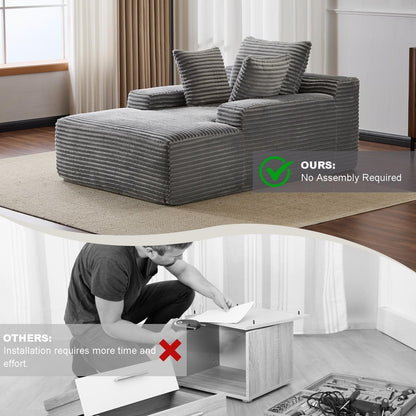 Oversized Corduroy Chaise Lounge Sleeper Sofa with 3 Pillows Wide Armrest No Assembly Grey