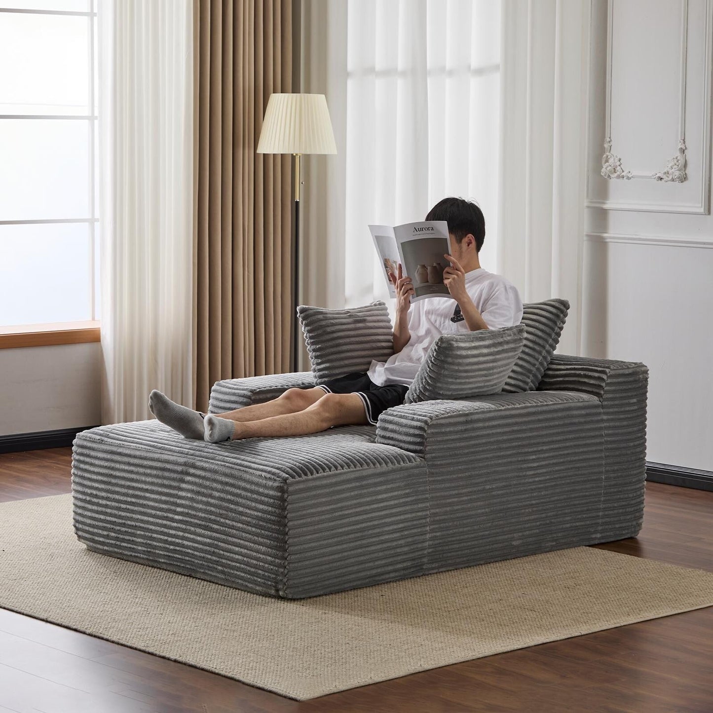 Oversized Corduroy Chaise Lounge Sleeper Sofa with 3 Pillows Wide Armrest No Assembly Grey