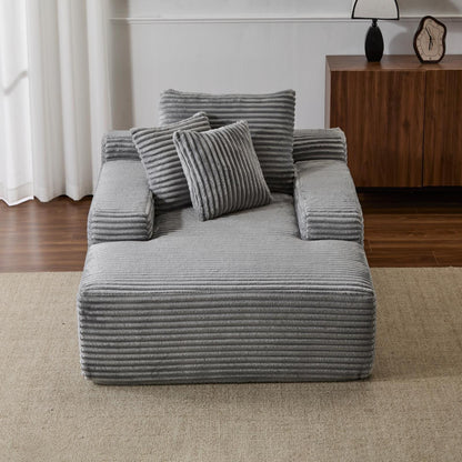 Oversized Corduroy Chaise Lounge Sleeper Sofa with 3 Pillows Wide Armrest No Assembly Grey
