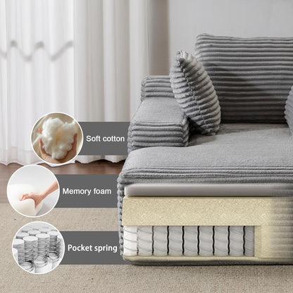 Oversized Corduroy Chaise Lounge Sleeper Sofa with 3 Pillows Wide Armrest No Assembly Grey