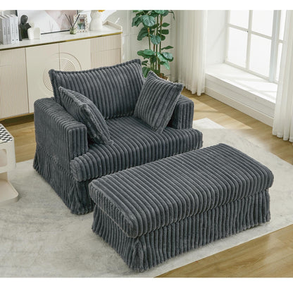 Oversized Corduroy Reclining Chair Deep Seat Armchair Single Thickened Upholstered Sofa with Pillow and Ottoman