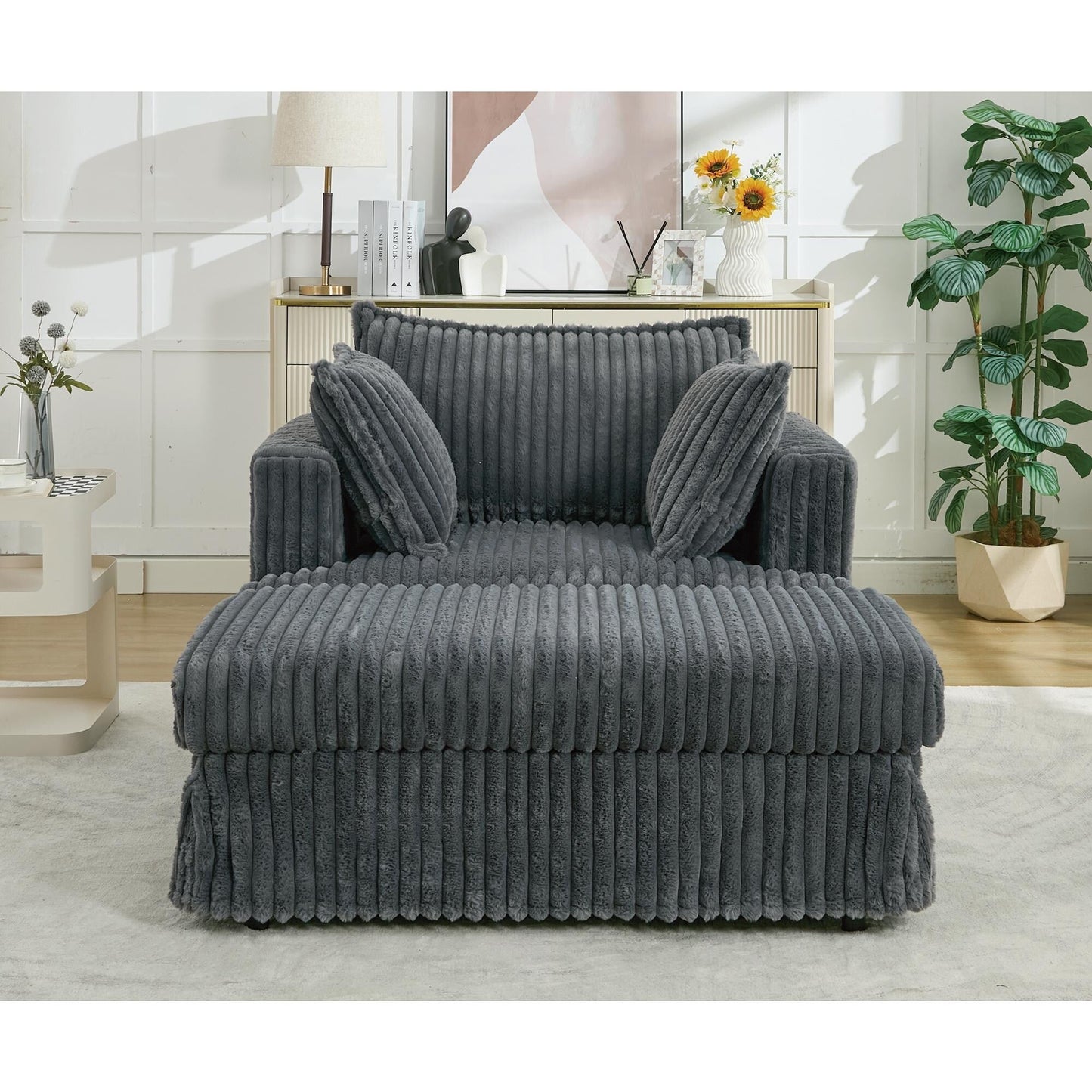 Oversized Corduroy Reclining Chair Deep Seat Armchair Single Thickened Upholstered Sofa with Pillow and Ottoman