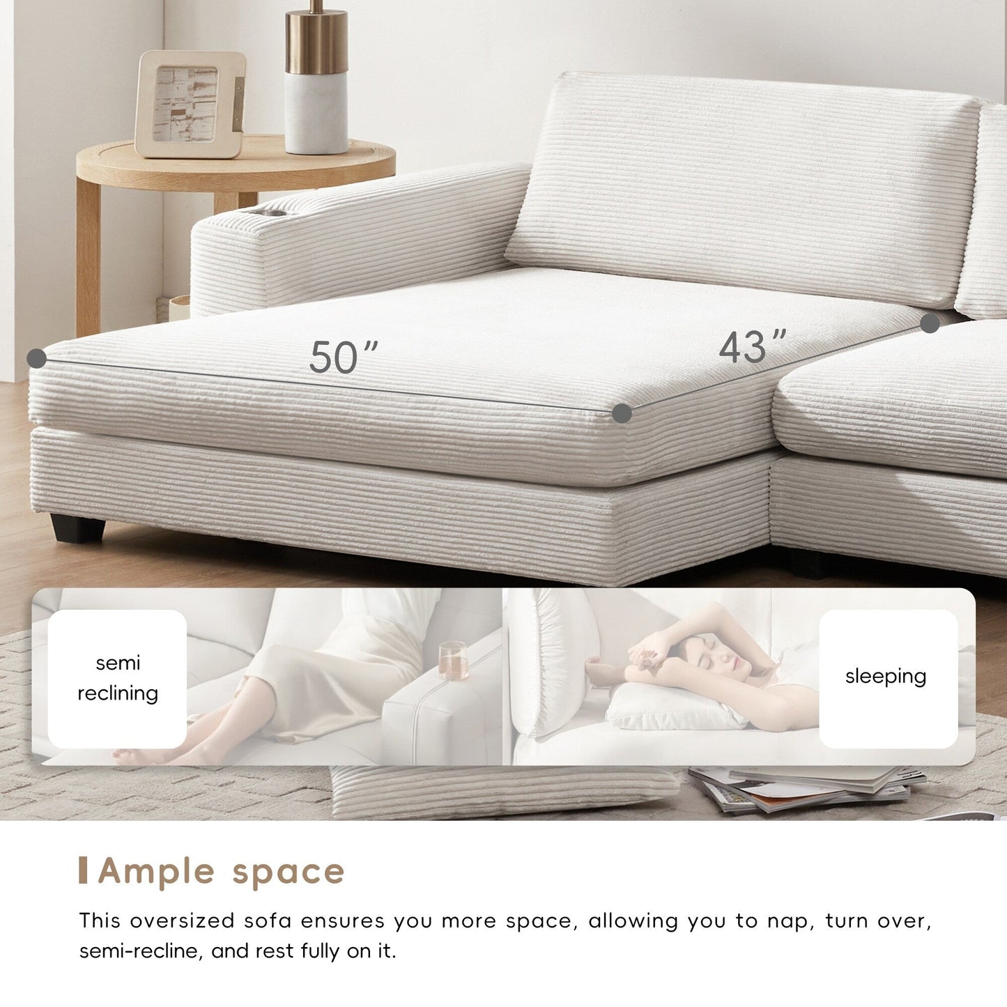 Oversized Corduroy Sectional Sofa,L Shaped Cloud Couch with USB Charging Port,Cup Holder,Deep and Wide Seat Sofa with 50 Chaise