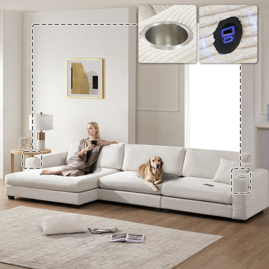 Oversized Corduroy Sectional Sofa,L Shaped Cloud Couch with USB Charging Port,Cup Holder,Deep and Wide Seat Sofa with 50 Chaise