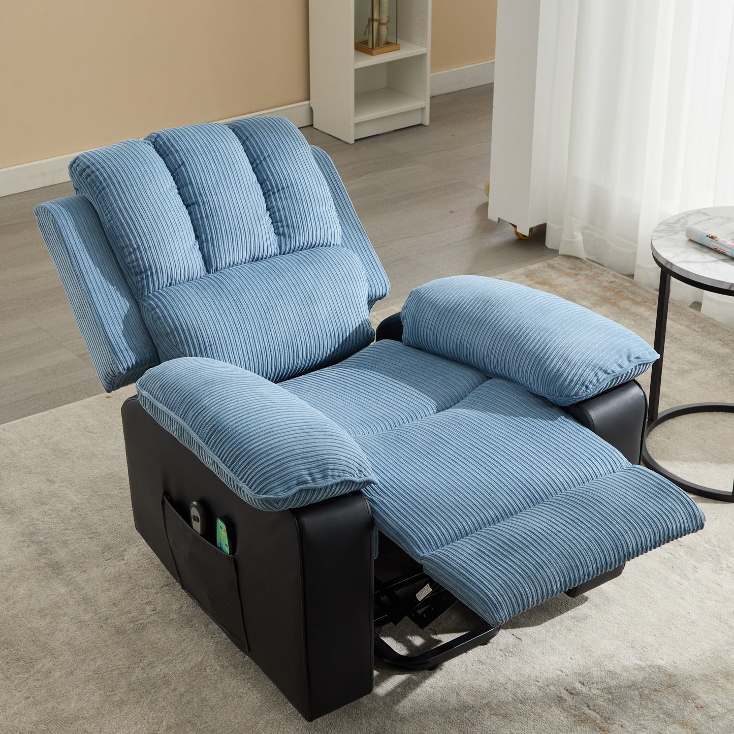 Oversized Corduroy Upholstered Power Lift Recliner with Vibration Massage, Lumbar Heating, Side Pockets