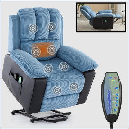 Oversized Corduroy Upholstered Power Lift Recliner with Vibration Massage, Lumbar Heating, Side Pockets