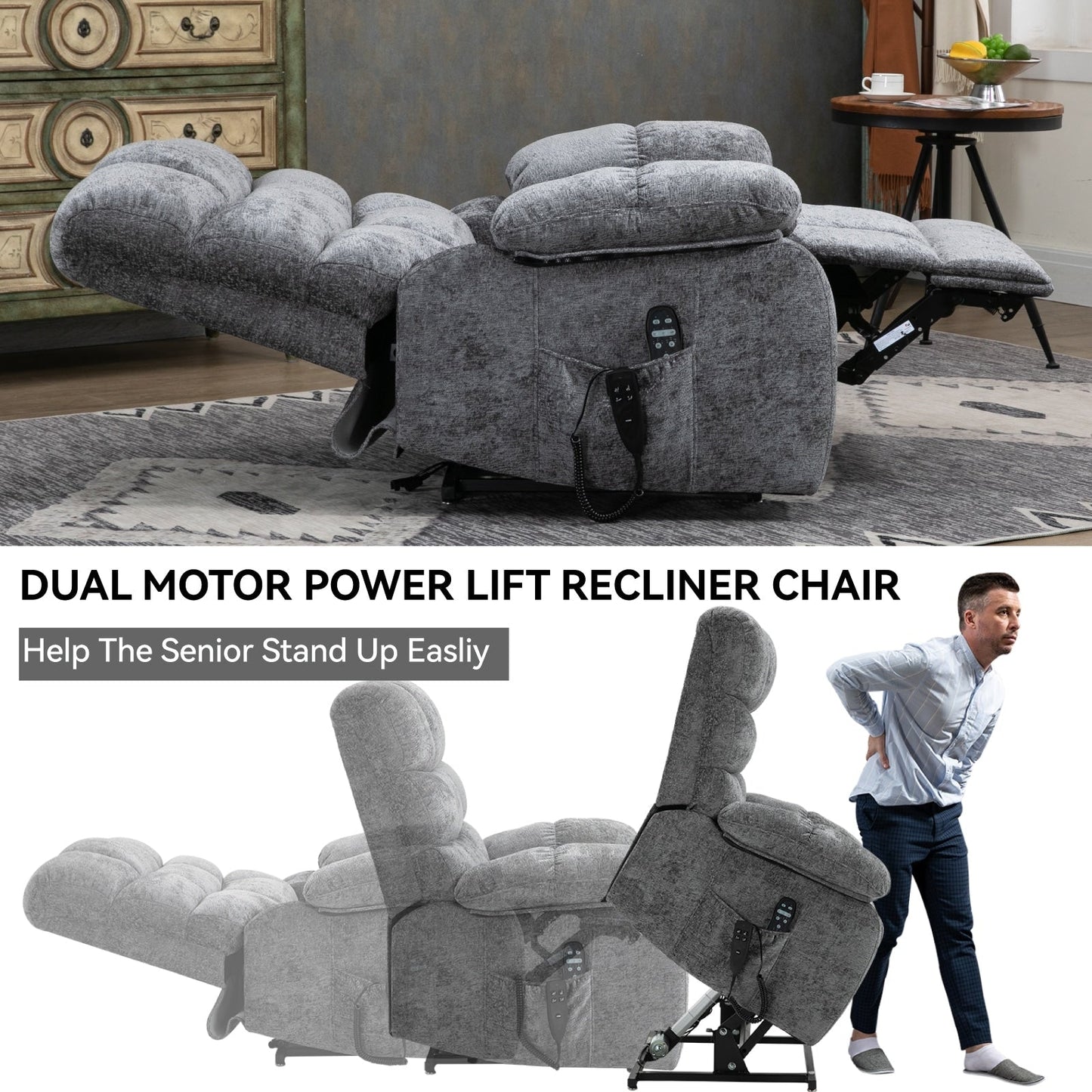 Oversized Dual Motor Power Lift Recliner with Massage, Lumbar Heat, Infinite Recline, and Tool-Free Assembly