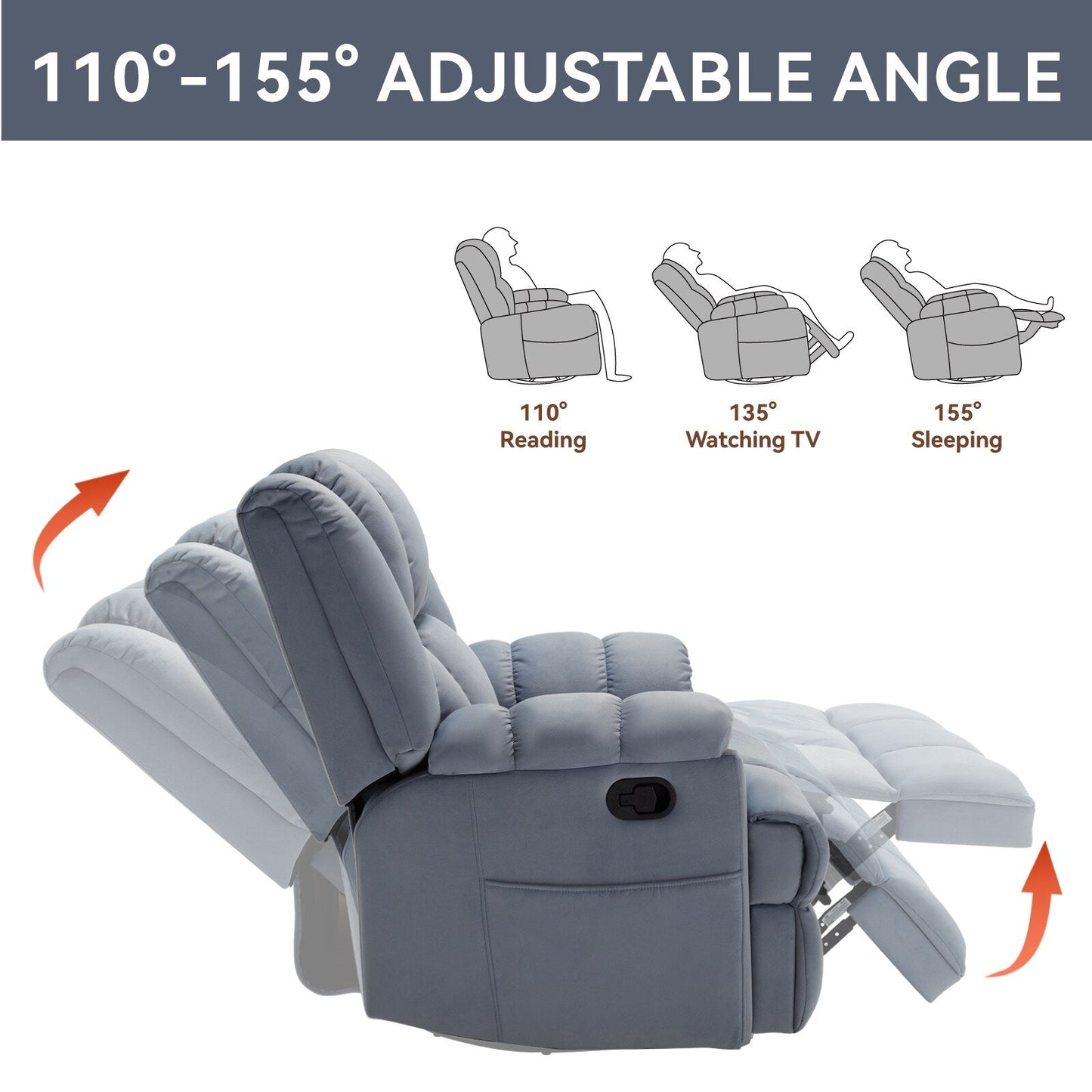 Oversized Fabric Recliner Chair with 360Â° Swivel and Rocking Function, Manual Control for Maximum Comfort