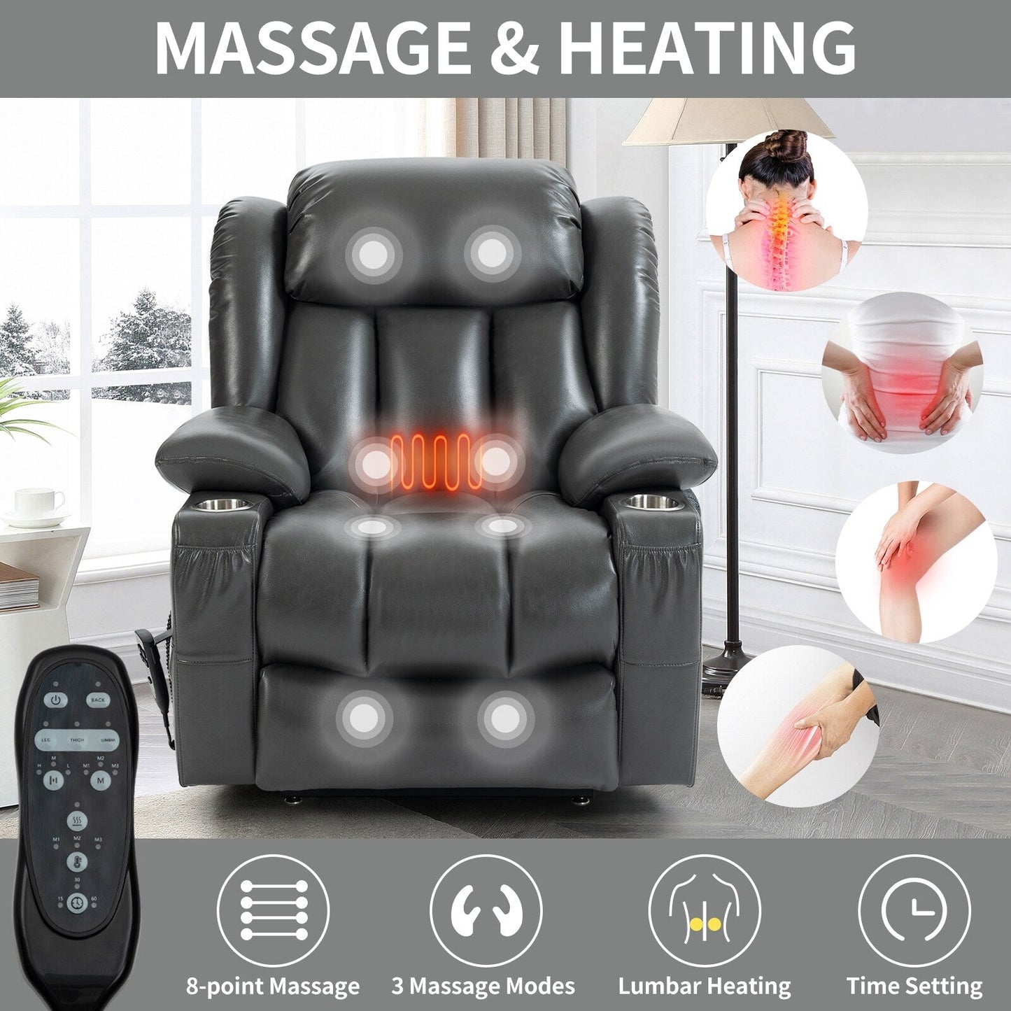 Oversized Faux Leather Power Lift Recliner with Massage & Heating