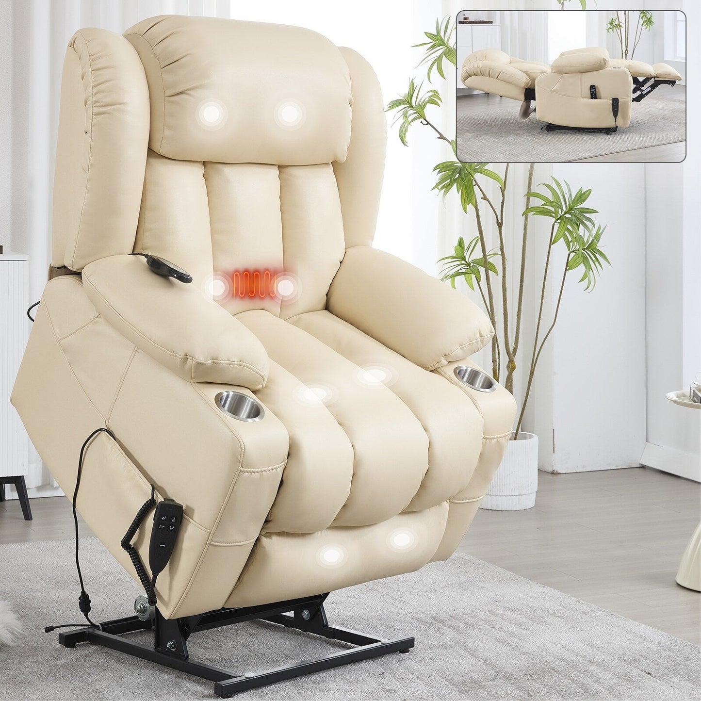 Oversized Faux Leather Power Lift Recliner with Massage & Heating