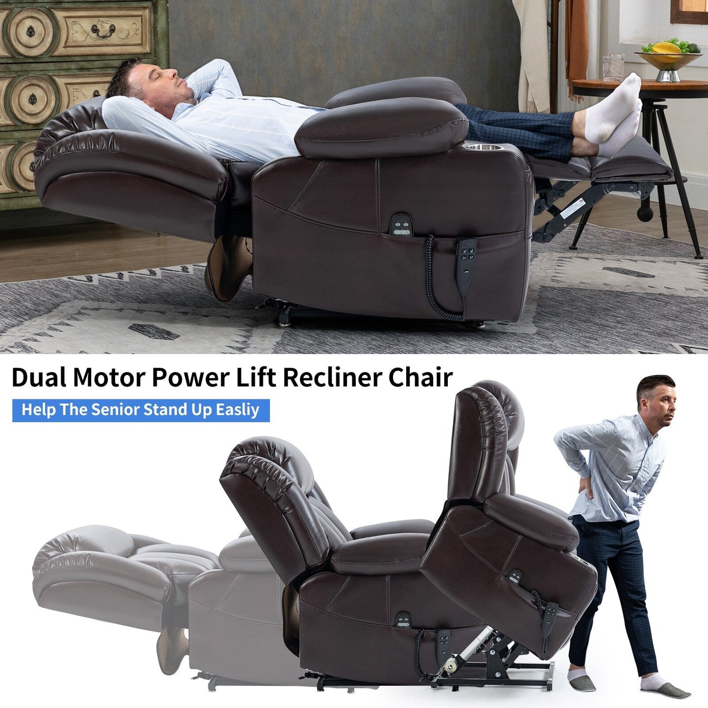 Oversized Faux Leather Power Lift Recliner with Massage & Heating