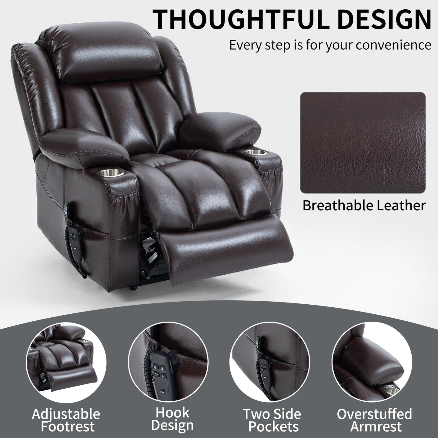 Oversized Faux Leather Power Lift Recliner with Massage & Heating