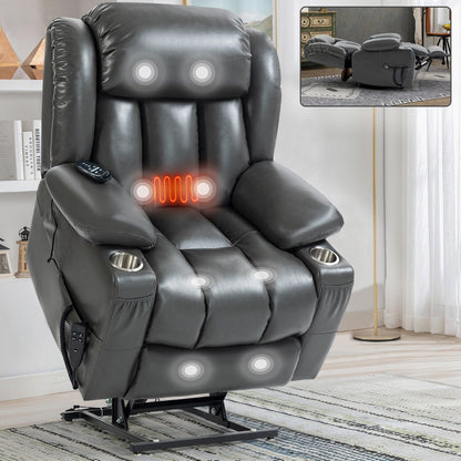 Oversized Faux Leather Power Lift Recliner with Massage & Heating