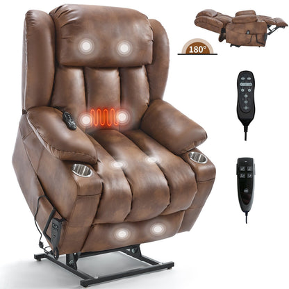 Oversized Faux Leather Power Lift Recliner with Massage & Heating