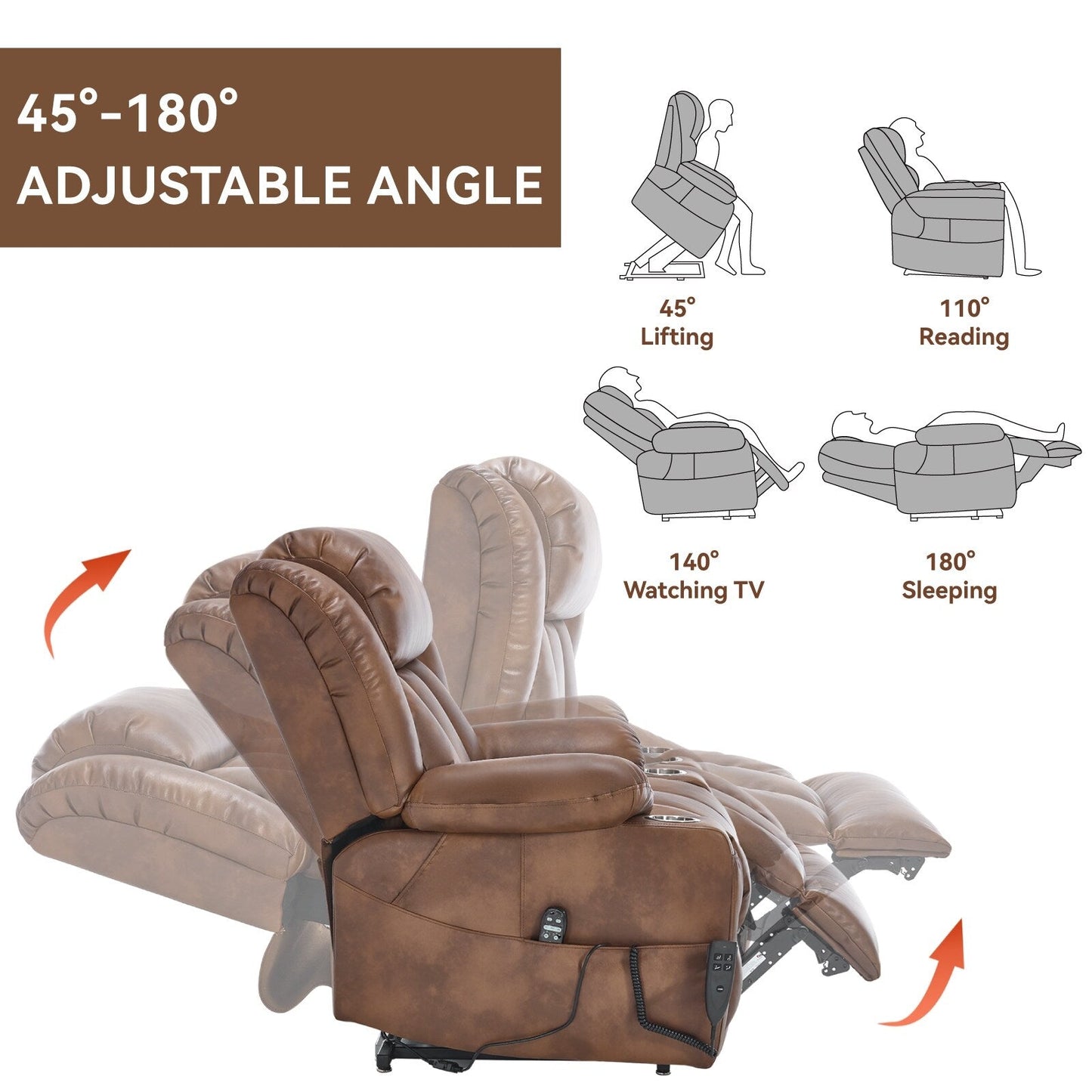 Oversized Faux Leather Power Lift Recliner with Massage & Heating