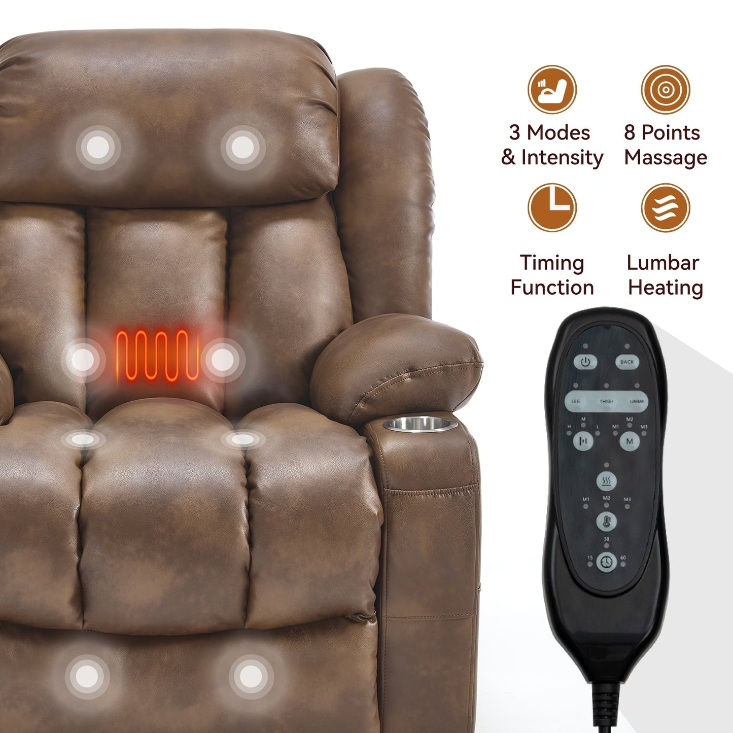 Oversized Faux Leather Power Lift Recliner with Massage & Heating