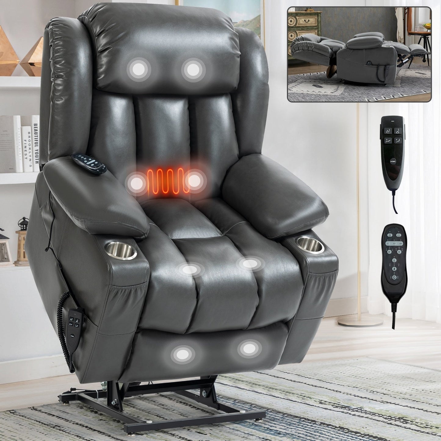 Oversized Faux Leather Power Lift Recliner with Massage & Heating