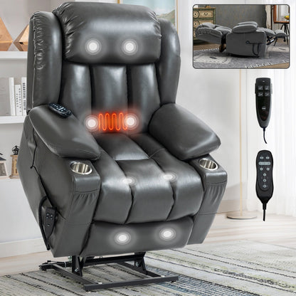 Oversized Faux Leather Power Lift Recliner with Massage & Heating