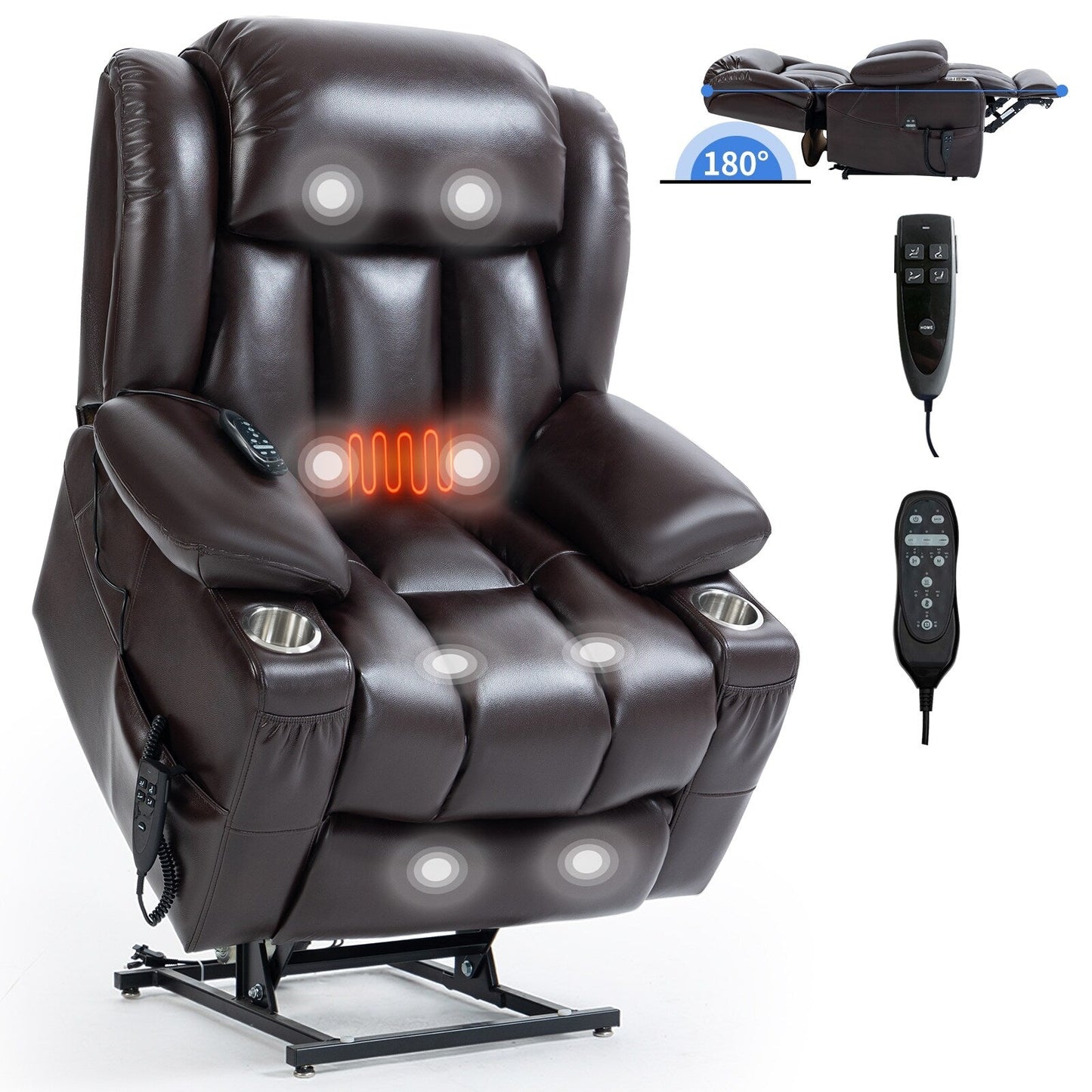 Oversized Faux Leather Power Lift Recliner with Massage & Heating