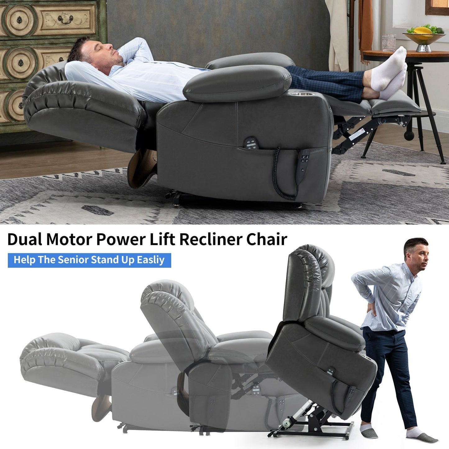 Oversized Faux Leather Power Lift Recliner with Massage & Heating