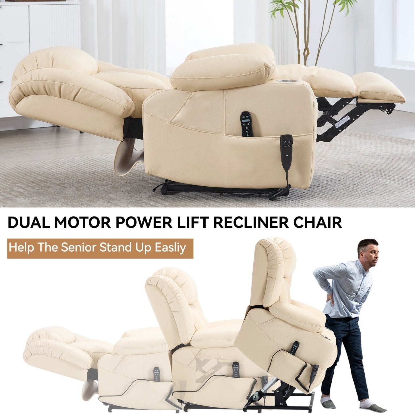 Oversized Faux Leather Power Lift Recliner with Massage & Heating