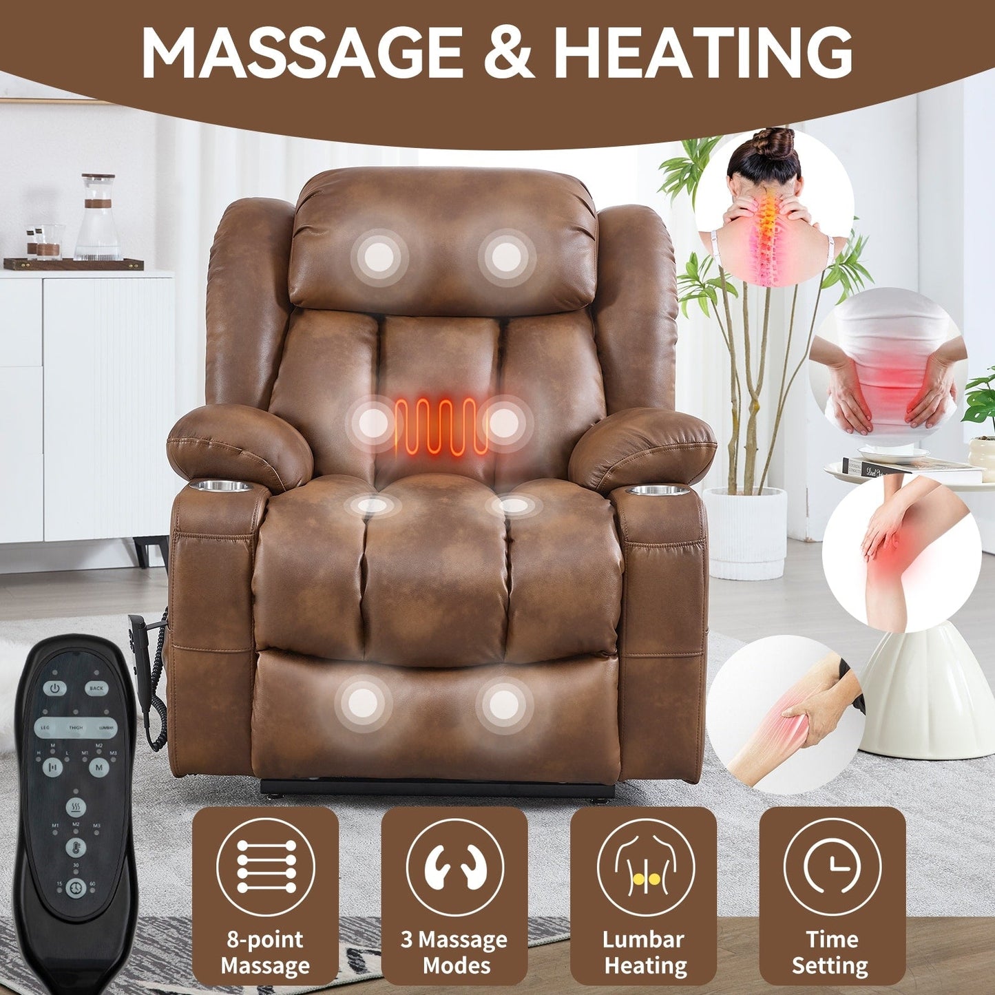 Oversized Faux Leather Power Lift Recliner with Massage & Heating