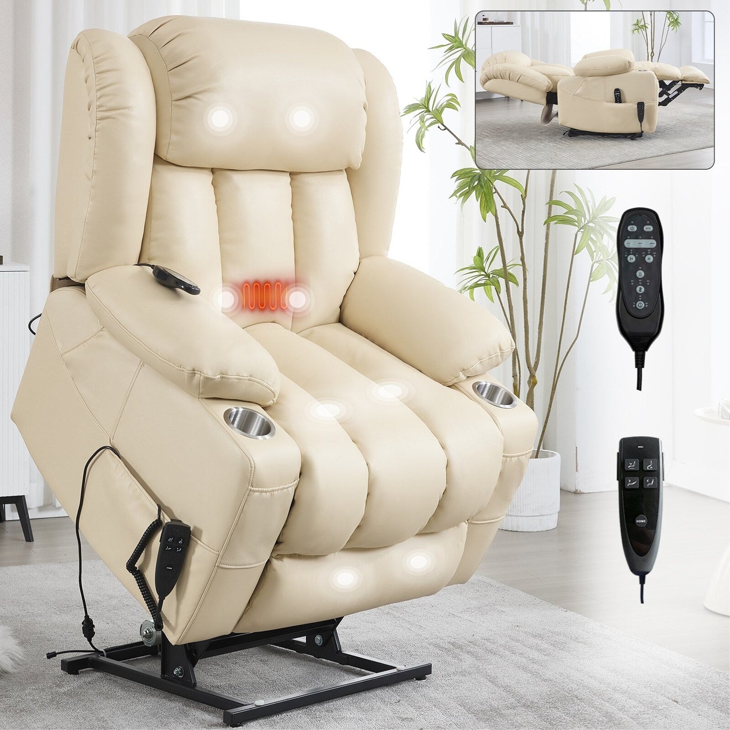 Oversized Faux Leather Power Lift Recliner with Massage & Heating