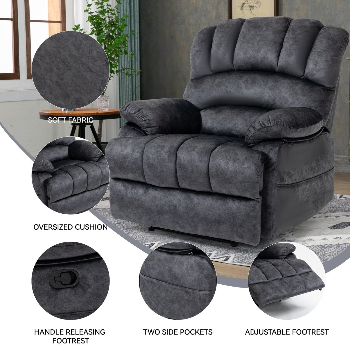 Oversized Manual Fabric Recliner Chair, 155° Recline