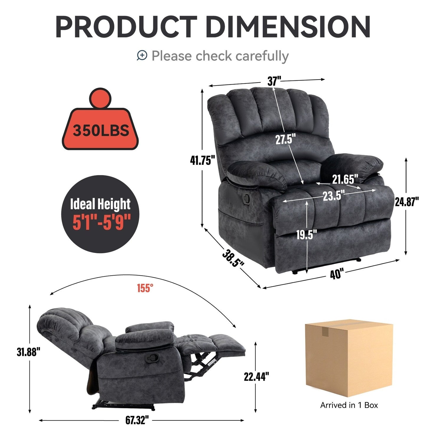Oversized Manual Fabric Recliner Chair, 155° Recline