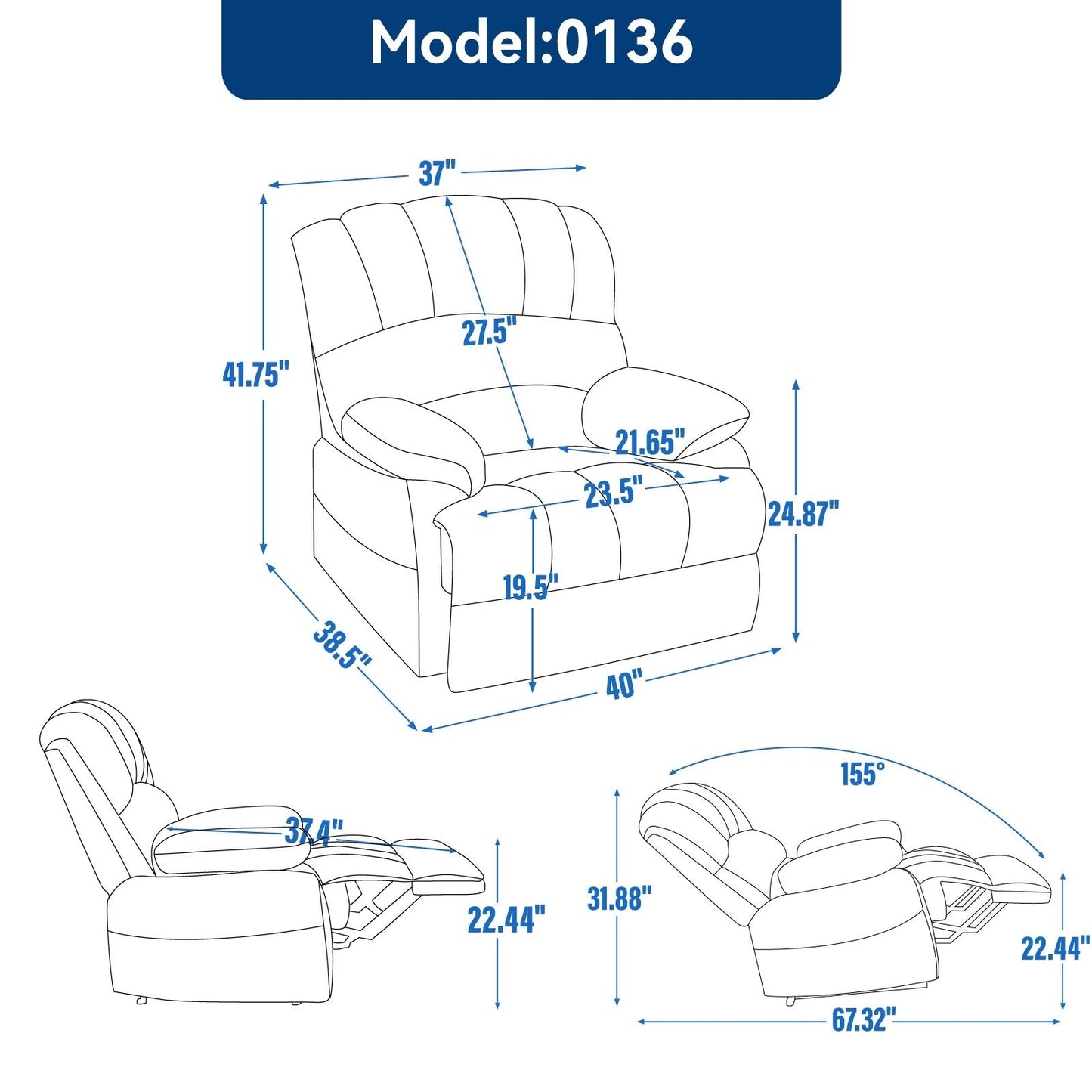 Oversized Manual Fabric Recliner Chair, 155° Recline