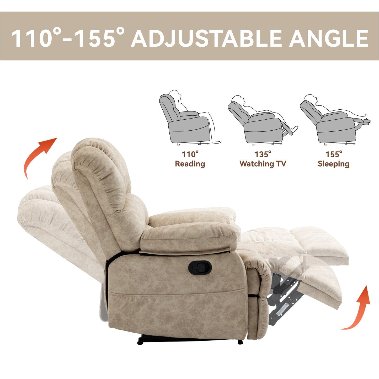 Oversized Manual Fabric Recliner Chair, 155° Recline