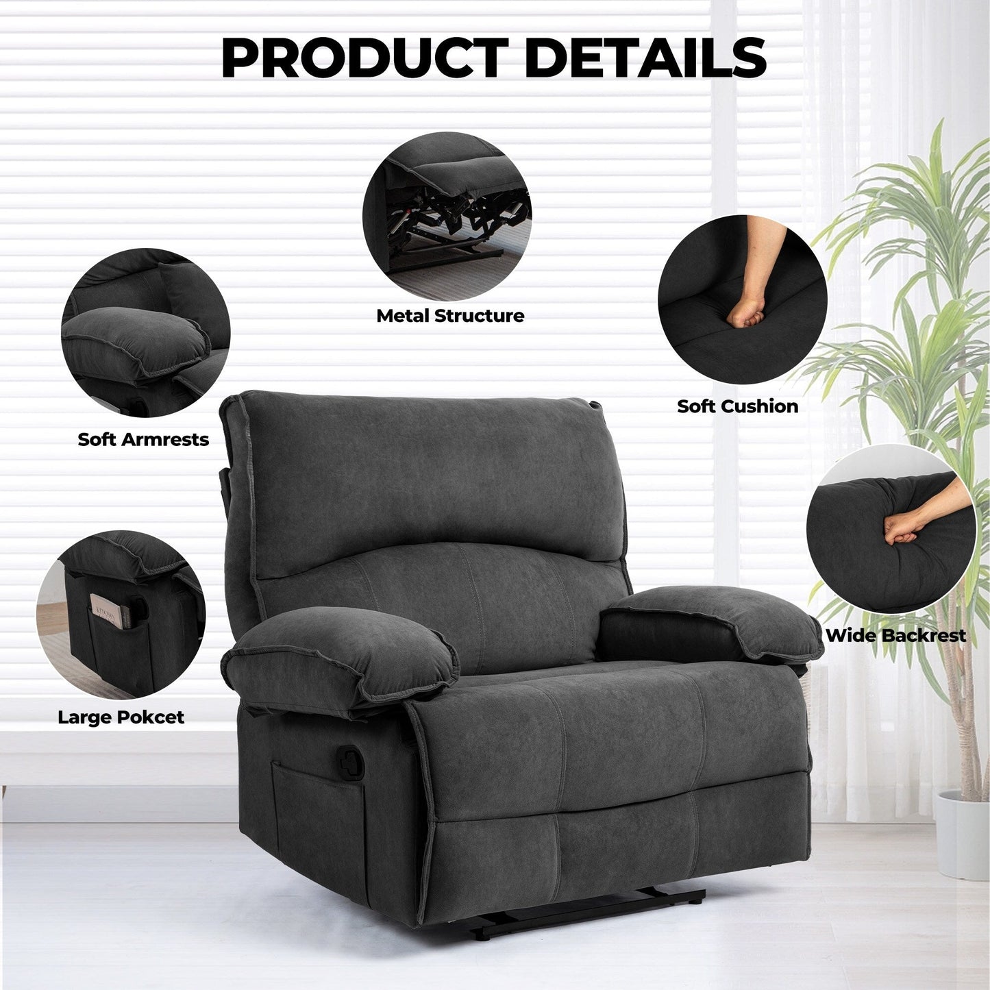 Oversized Manual Recliner Chair Push Back Sofa Velvet Lounge Chair with Massage Pillow for Living Room