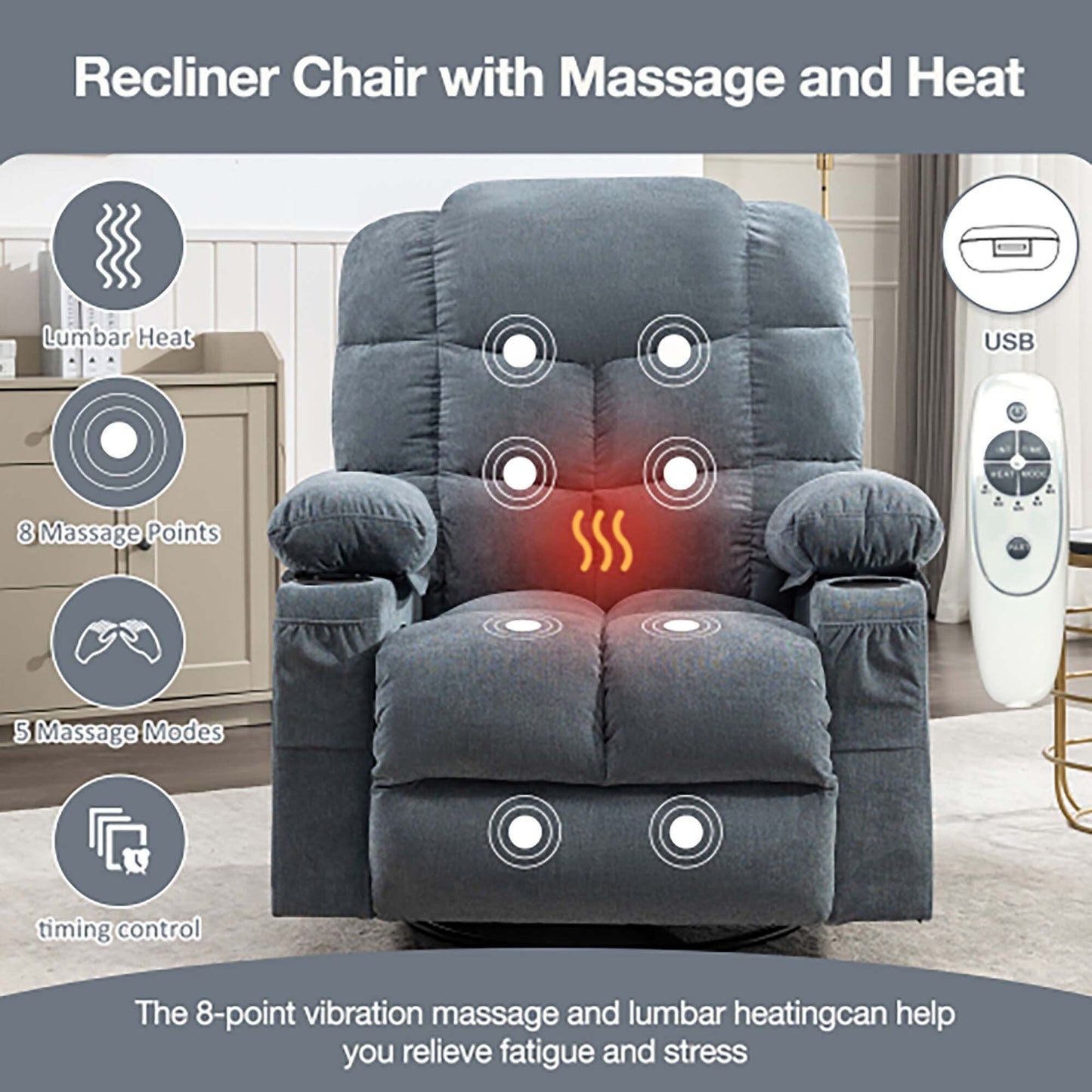 Oversized Massage Rocker Recliner Chair with 2 Cup Holders