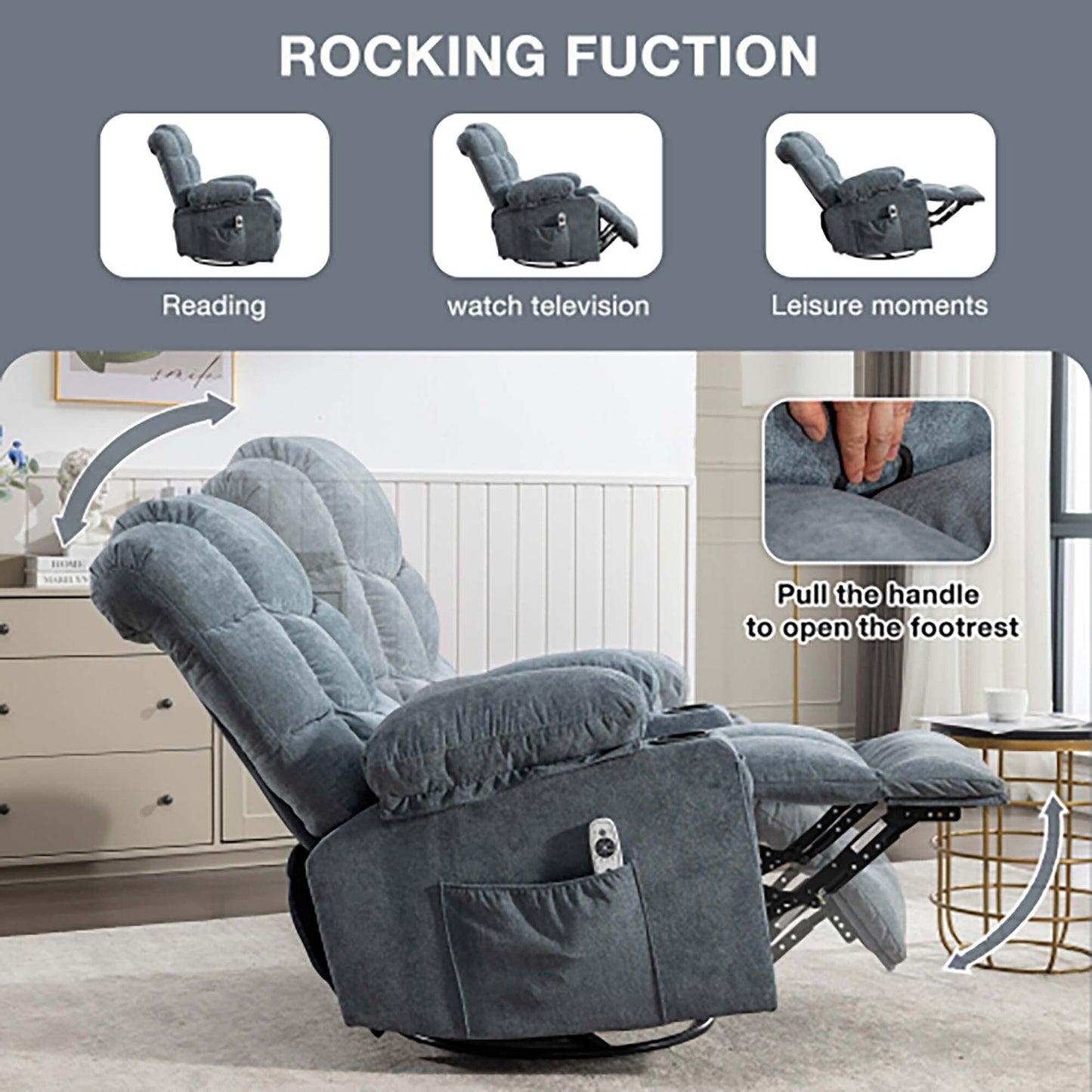 Oversized Massage Rocker Recliner Chair with 2 Cup Holders
