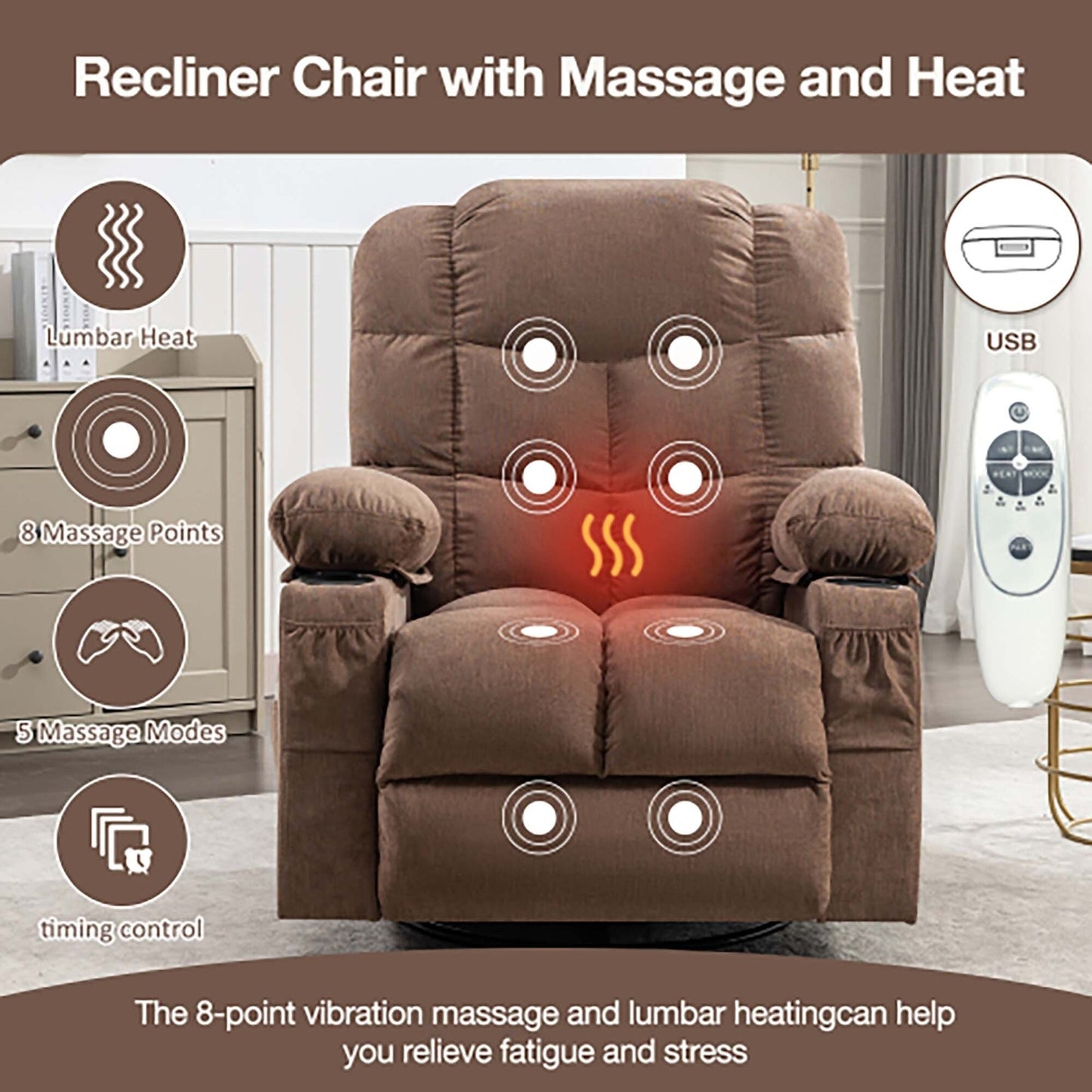 Oversized Massage Rocker Recliner Chair with 2 Cup Holders