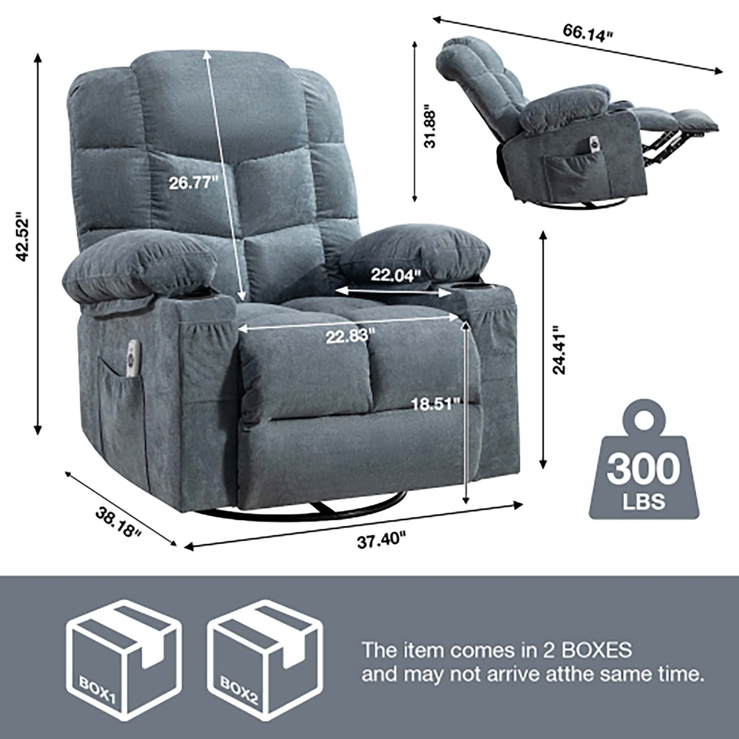 Oversized Massage Rocker Recliner Chair with 2 Cup Holders