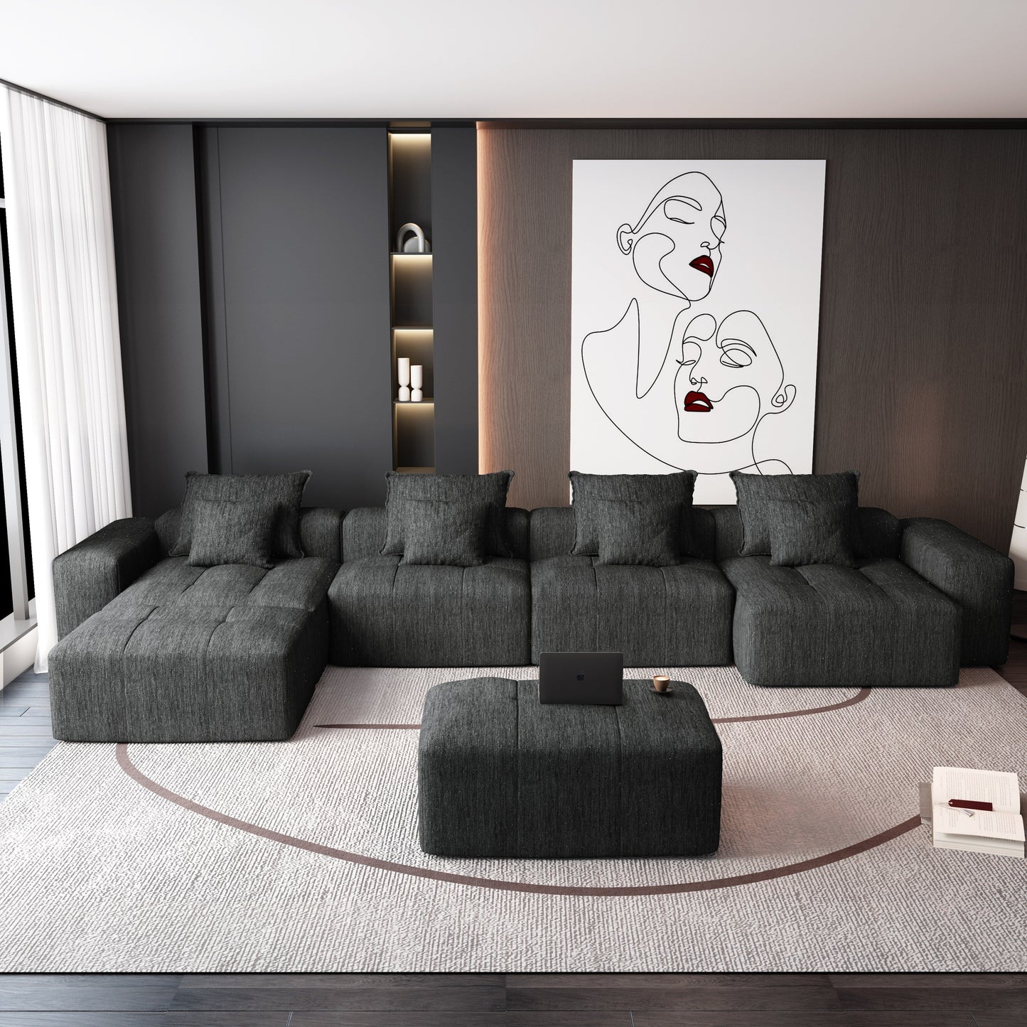 Oversized Modular Chenille 6-Seat Sectional Sofa with Cushions and 8 Pillows for Living Room