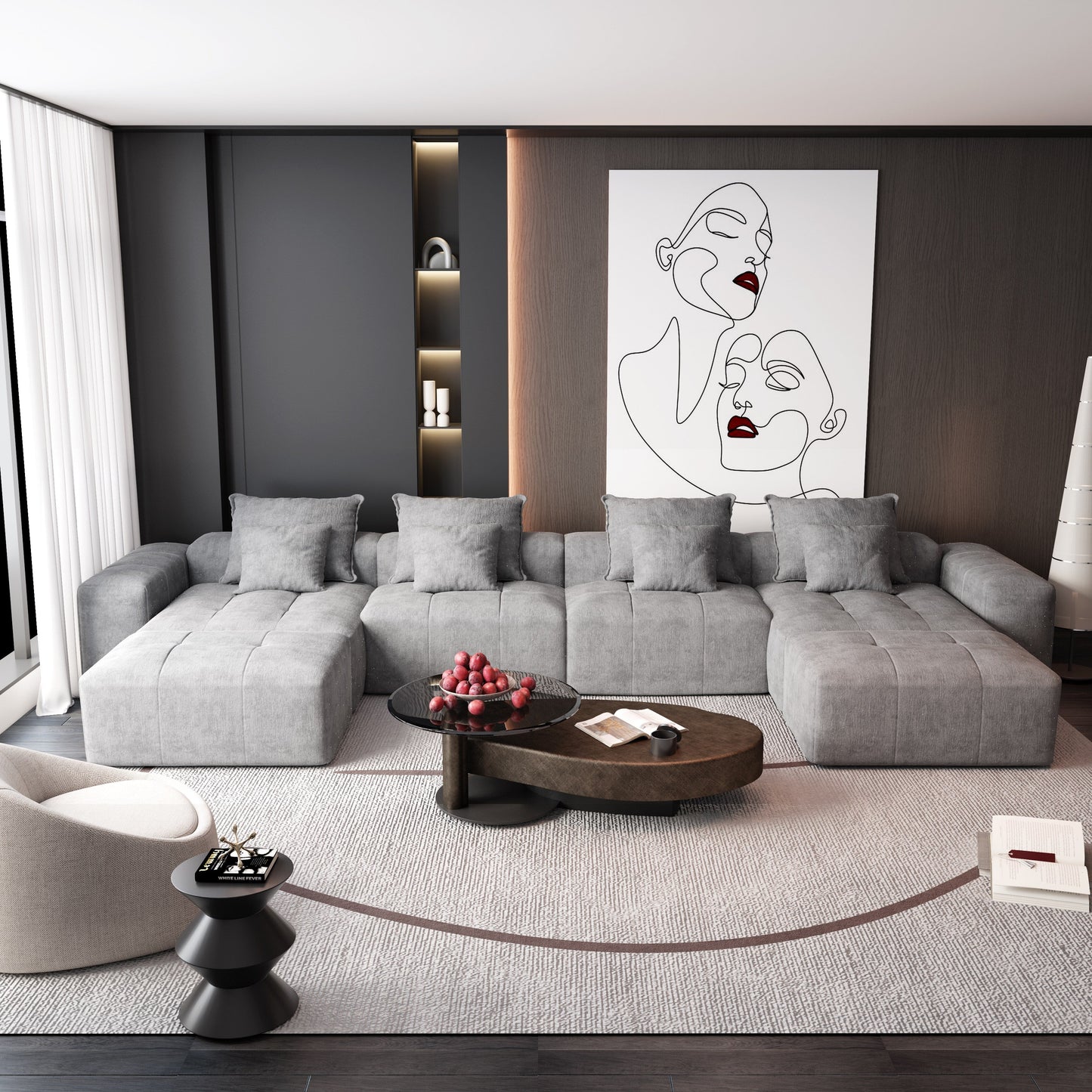 Oversized Modular Chenille 6-Seat Sectional Sofa with Cushions and 8 Pillows for Living Room