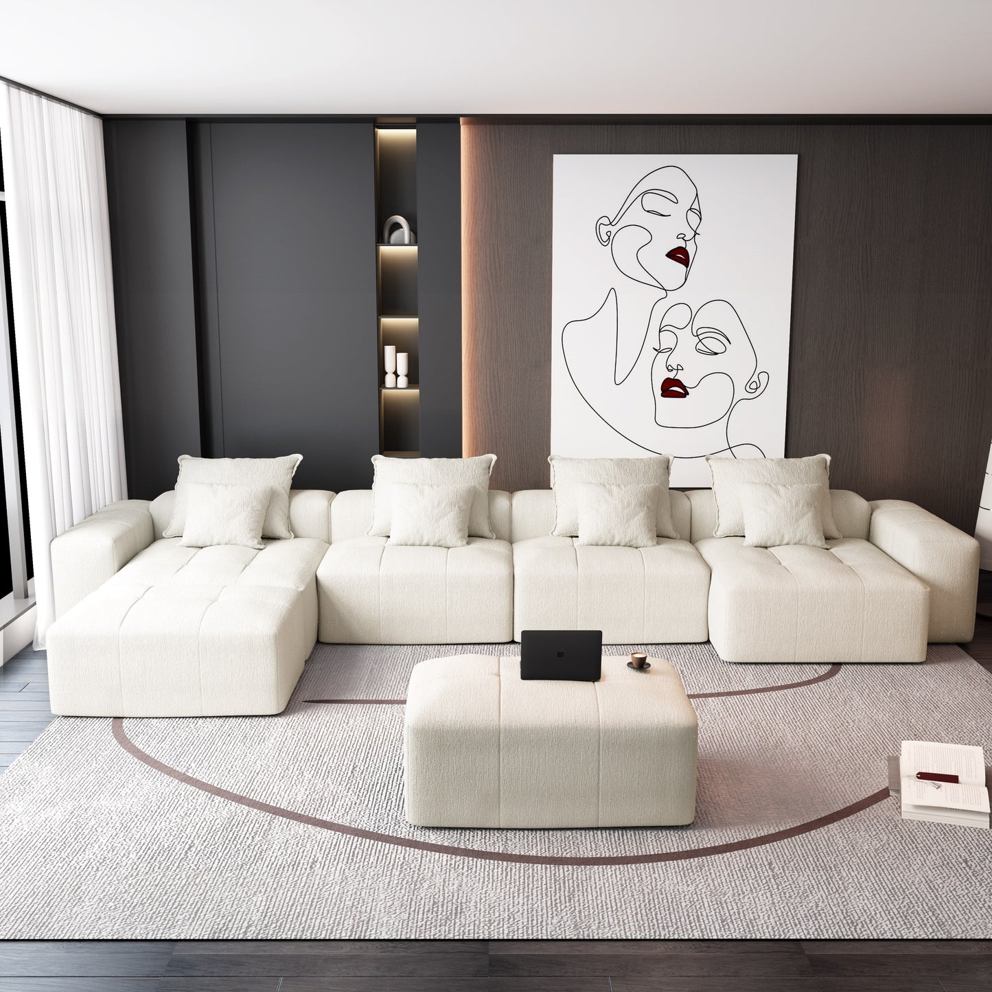 Oversized Modular Chenille 6-Seat Sectional Sofa with Cushions and 8 Pillows for Living Room