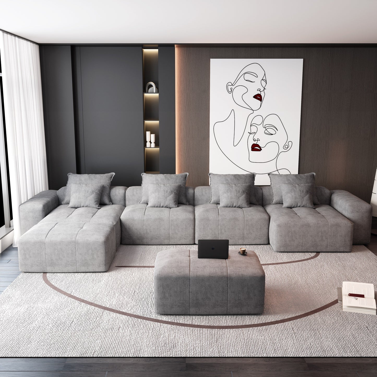 Oversized Modular Chenille 6-Seat Sectional Sofa with Cushions and 8 Pillows for Living Room