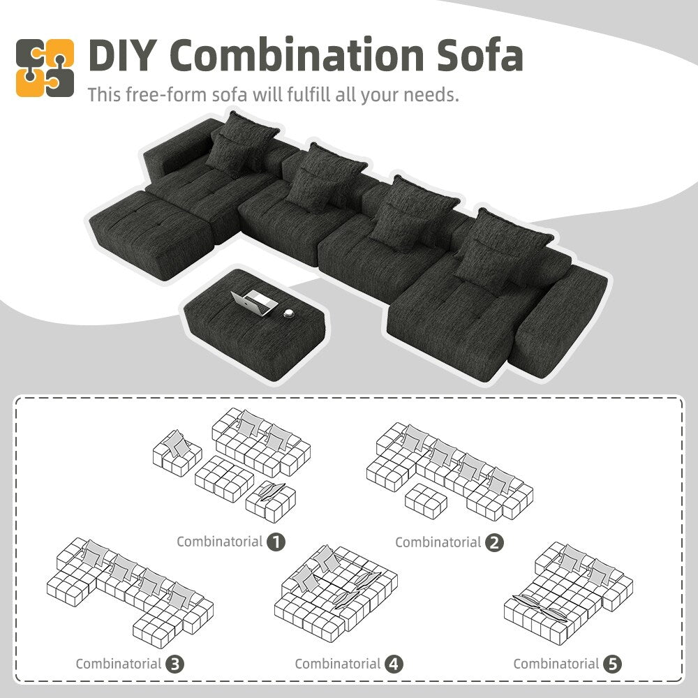 Oversized Modular Chenille 6-Seat Sectional Sofa with Cushions and 8 Pillows for Living Room