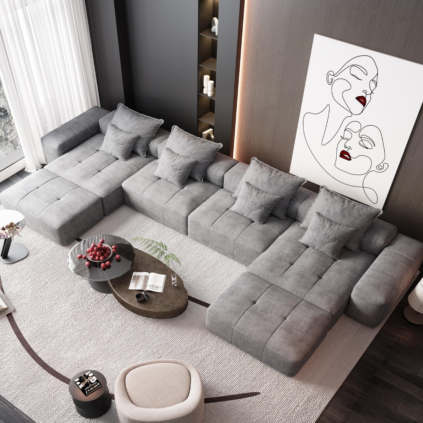 Oversized Modular Chenille 6-Seat Sectional Sofa with Cushions and 8 Pillows for Living Room