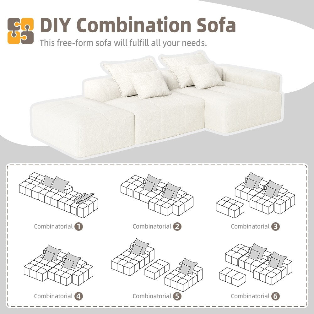 Oversized Modular Chenille Sectional Sofa with Ottoman, Chaise Lounge, 1 Armrest and 4 Pillows for Living Room