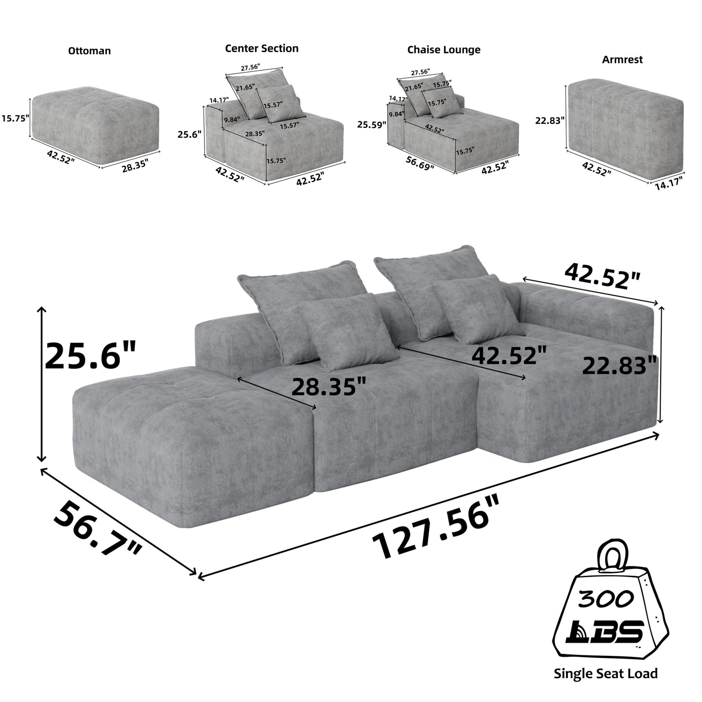 Oversized Modular Chenille Sectional Sofa with Ottoman, Chaise Lounge, 1 Armrest and 4 Pillows for Living Room