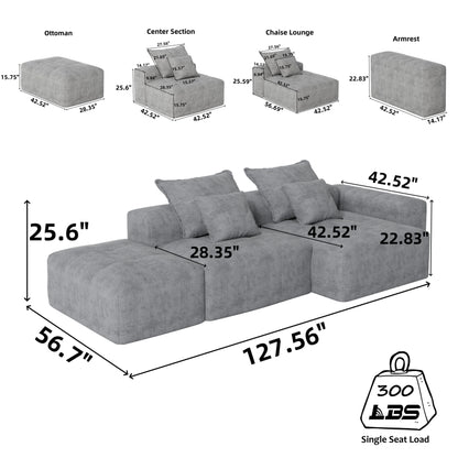 Oversized Modular Chenille Sectional Sofa with Ottoman, Chaise Lounge, 1 Armrest and 4 Pillows for Living Room