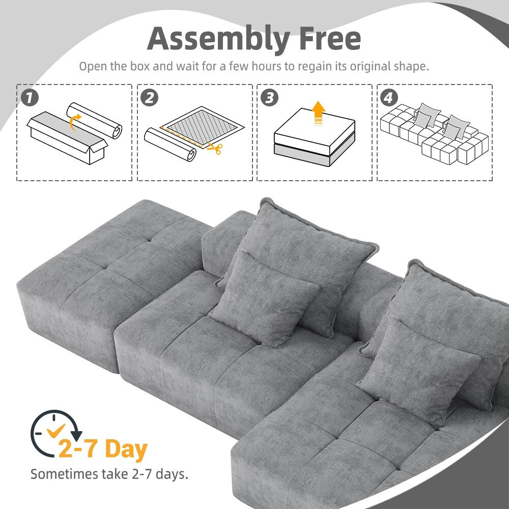 Oversized Modular Chenille Sectional Sofa with Ottoman, Chaise Lounge, 1 Armrest and 4 Pillows for Living Room