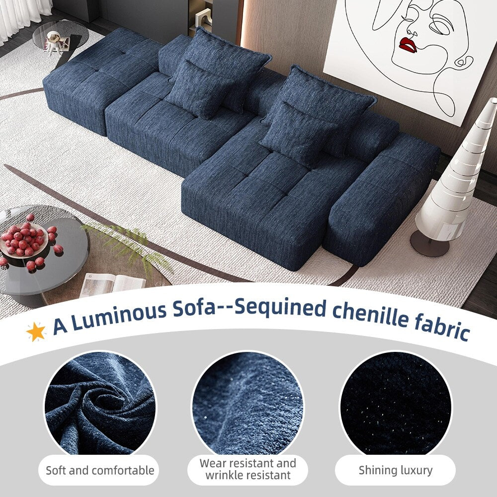 Oversized Modular Chenille Sectional Sofa with Ottoman, Chaise Lounge, 1 Armrest and 4 Pillows for Living Room