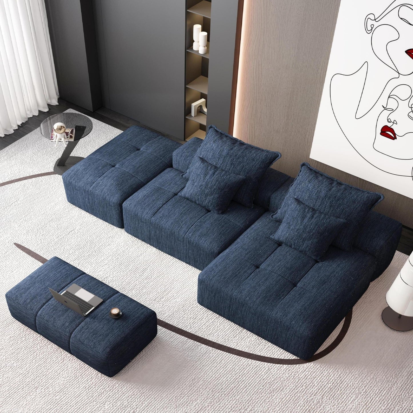 Oversized Modular Chenille Sectional Sofa with Ottoman, Chaise Lounge, 1 Armrest and 4 Pillows for Living Room